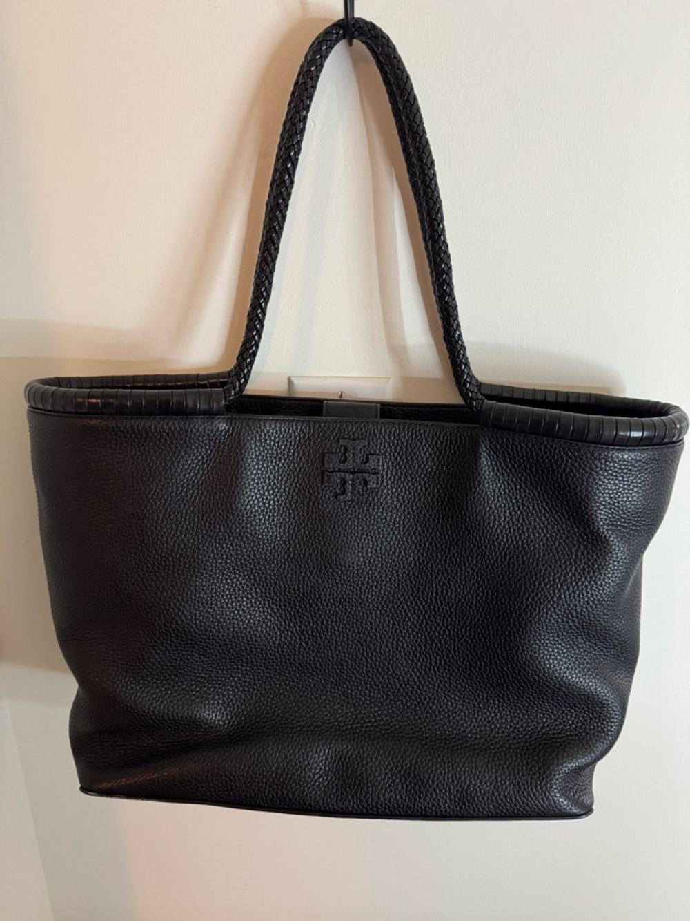 Tory Burch Black Pebbled Leather Braided-Handle Tote